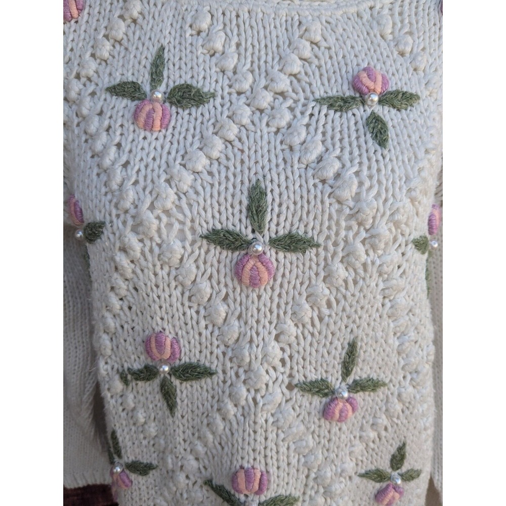 Vintage Pearl Bobble Knit Granny sweater rose bud lady slipper sz L 80s - Picture 4 of 10
